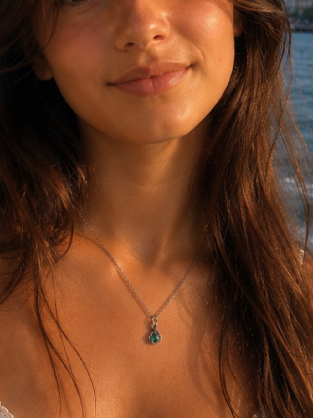 Silver Necklace with Teardrop Emerald Pendant - Women Jewelry